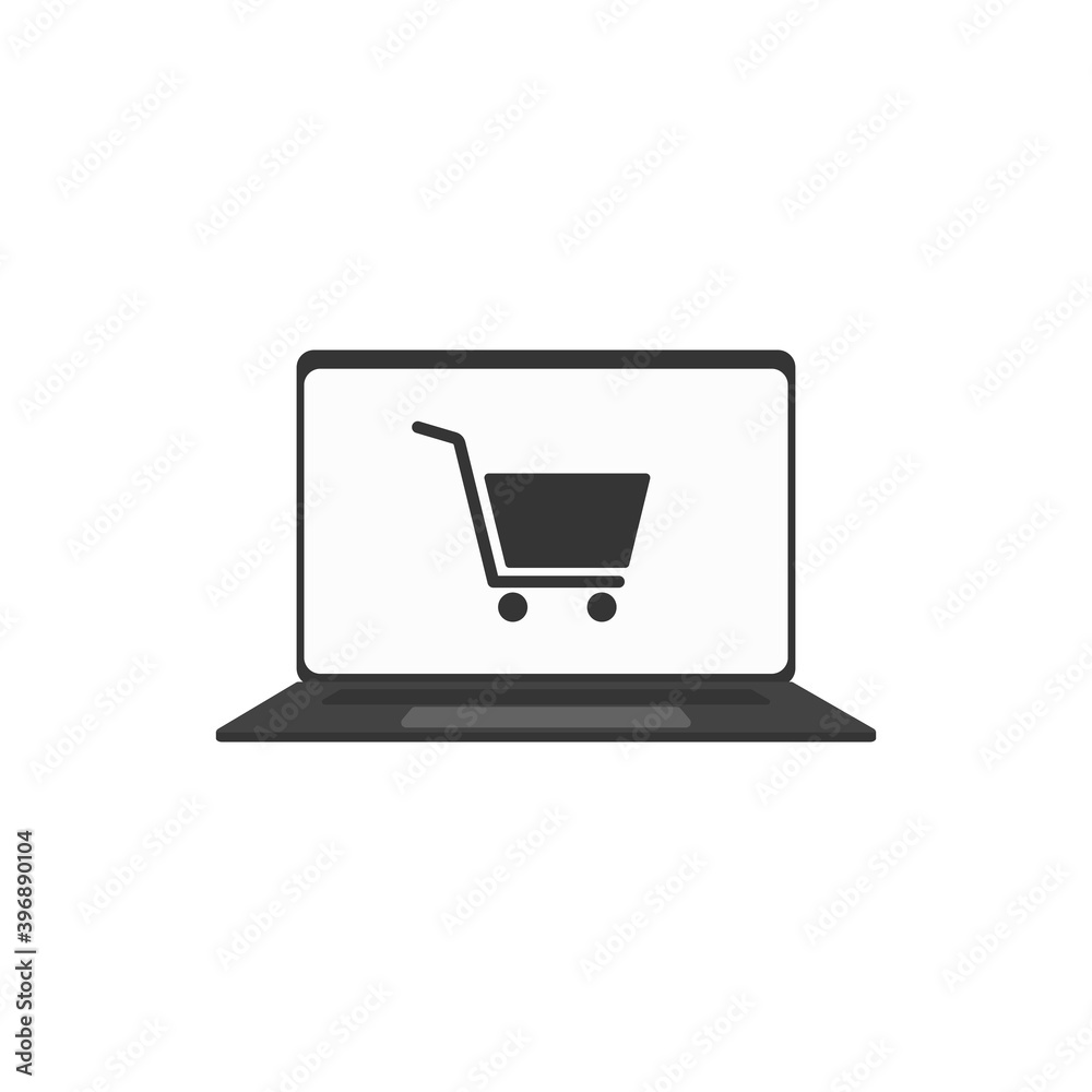 Online shop icon vector with laptop and store cart outline sign. Internet purchase by computer line pictogram. Digital web store sale and order making. Retail consumer basket on notebook pc. Eshop V1 Online shop icon vector with laptop and store cart outline sign. Internet purchase by computer line pictogram. Digital web store sale and order making. Retail consumer basket on notebook pc. Eshop V1