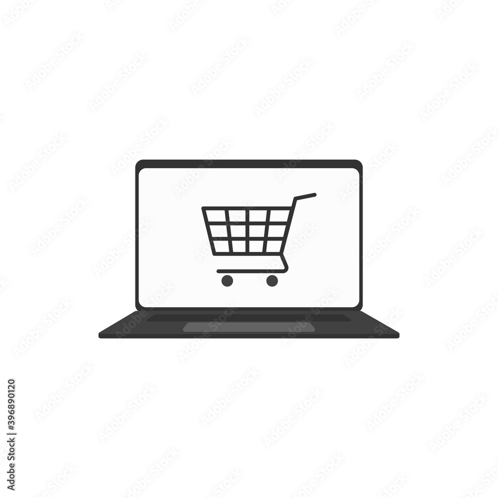 Online shop icon vector with laptop and store cart outline sign. Internet purchase by computer line pictogram. Digital web store sale and order making. Retail consumer basket on notebook pc. Eshop V2 Online shop icon vector with laptop and store cart outline sign. Internet purchase by computer line pictogram. Digital web store sale and order making. Retail consumer basket on notebook pc. Eshop V2