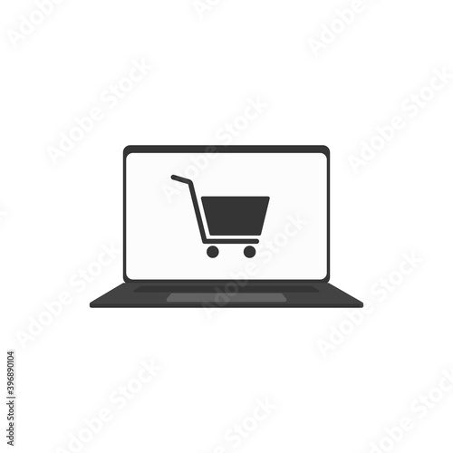 Online shop icon vector with laptop and store cart outline sign. Internet purchase by computer line pictogram. Digital web store sale and order making. Retail consumer basket on notebook pc. Eshop V1