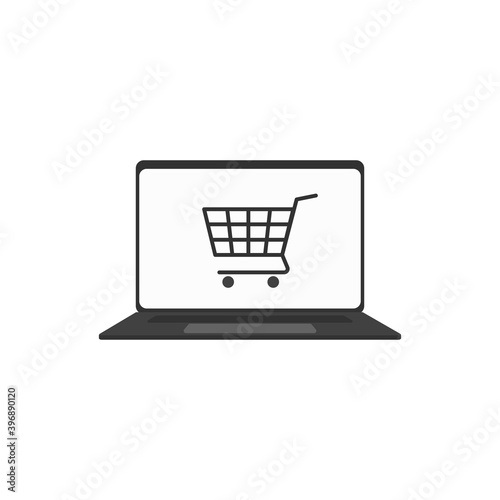 Online shop icon vector with laptop and store cart outline sign. Internet purchase by computer line pictogram. Digital web store sale and order making. Retail consumer basket on notebook pc. Eshop V2