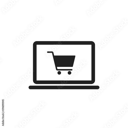 Online shop icon vector with laptop and store cart outline sign. Internet purchase by computer line pictogram. Digital web store sale and order making. Retail consumer basket on notebook pc. Eshop V3