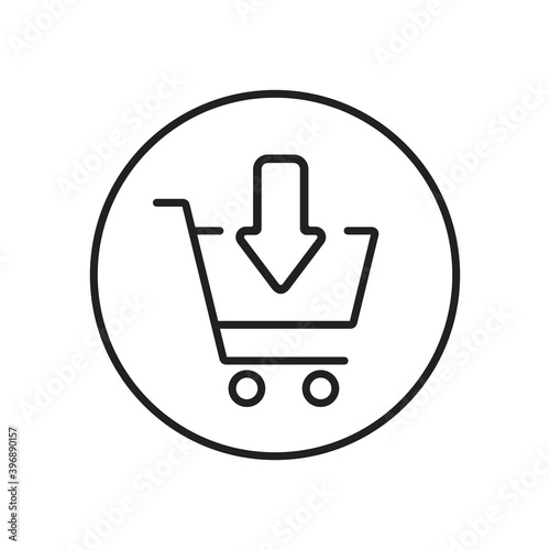 Shop cart icon vector line illustration. Add and Buy online vector trolley in circle thin line icon. Purchase outline button for online supermarket shopping design. E-commerce flat logo with arrow V1
