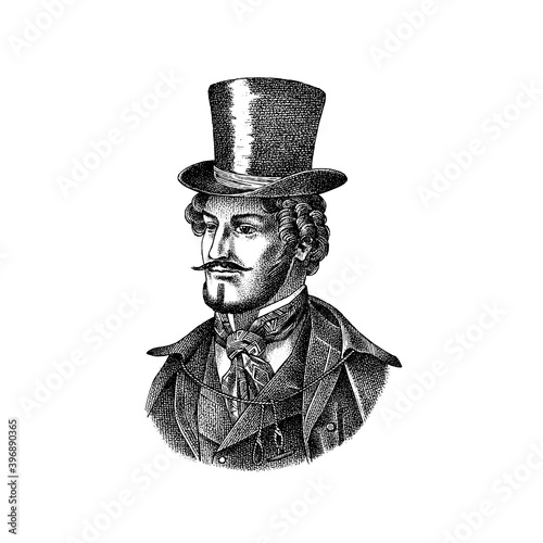 Victorian gentleman with hat and mustache. Man in vintage retro style. Vector illustration. Antique old monochrome character. Hand drawn engraved retro sketch.