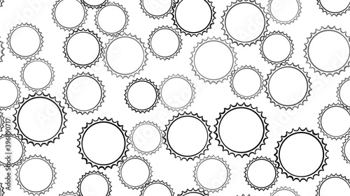 Texture seamless pattern of black round abstract carved metal beer caps with sharp edges for clogging beer bottles used in brewing gears on a white background. illustration