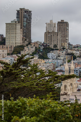 San Francisco skyline with Saints Peter and Paul Catholic Church in the foreground