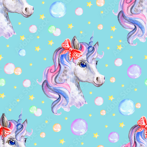 Seamless watercolor pattern cute unicorn blue bubbles