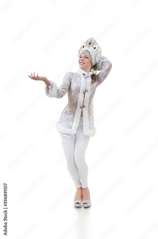 Beautiful, happy woman with long hair, dressed as Santa Claus smiling. Christmas - New Year carnival. Isolated image on white background.