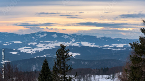 Fototapeta Naklejka Na Ścianę i Meble -  Winter landscape of Beskid Sadecki mountain range
