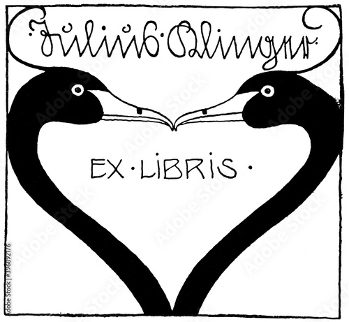 Ex Libris in the shape of a heart made from the heads and neck of a swan. Illustration of the 19th century. Germany. White background.