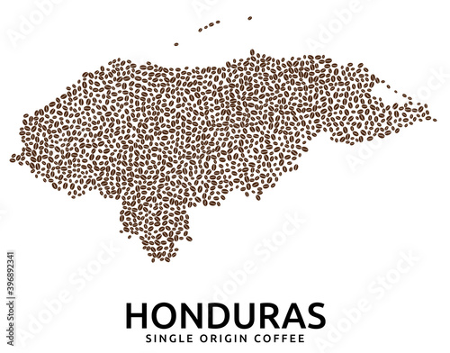 Shape of Honduras map made of scattered coffee beans, country name below