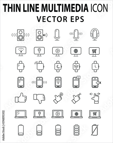 Thin line interface set containing fully editable multimedia icons. Included in the set are sound and recording icons, interactive user web icons and interactive mobile device icons.