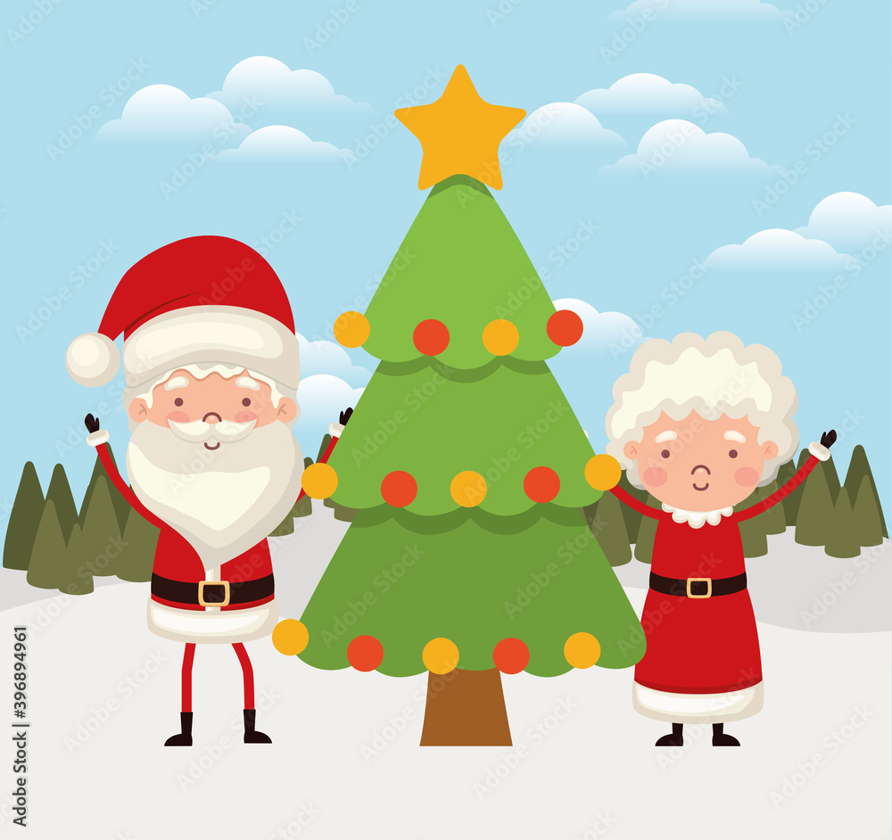 mr and mrs santa claus with one christmas tree