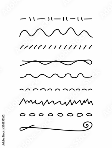 Set of different underlines. Collection of underscores drawn by hand. Doodle, sketch, scribble. Vector illustration.