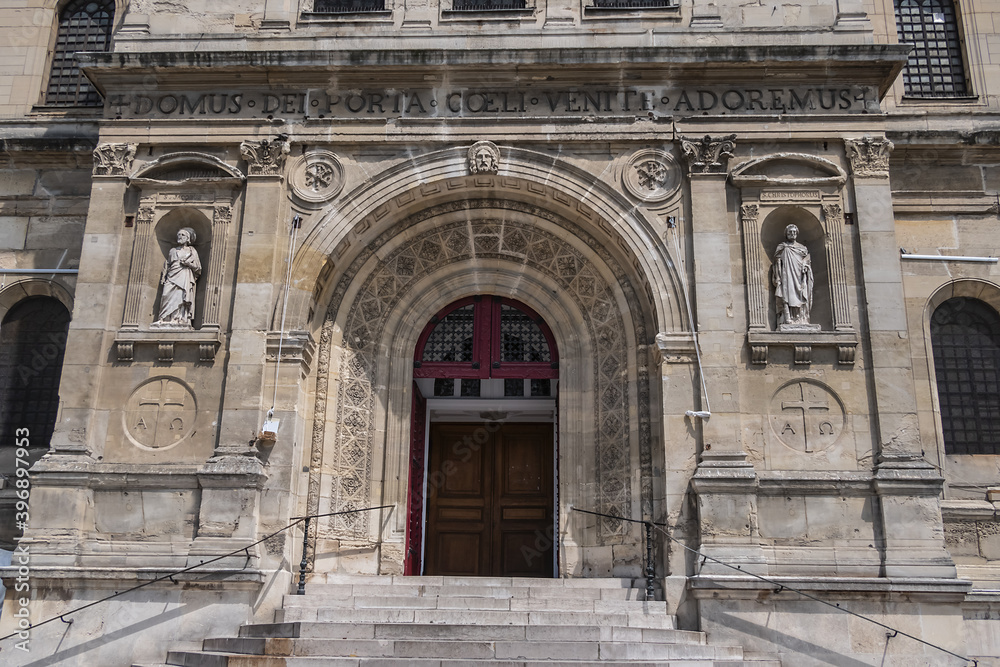Saint-Jacques-Saint-Christophe de la Villette church (Eglise Saint Jacques Saint Christophe de la Villette, 1844) - Neoclassical style Church at Bitche square. Paris, France.