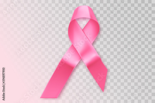 Breast cancer pink ribbon on transparent background. Awareness symbol, month. Breast october concept. Hope poster and female illustration. Silk ribbon in pink color.