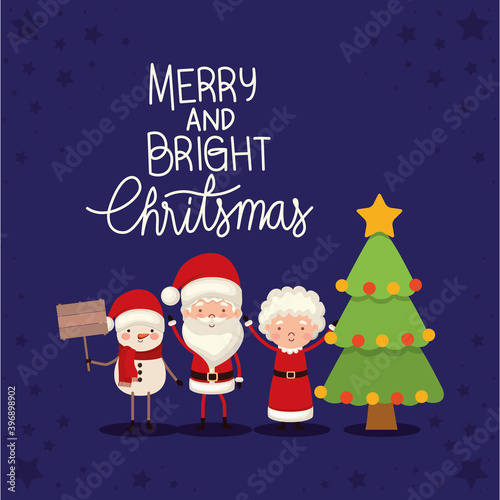 mr and mrs santa claus with one christmas tree on blue background