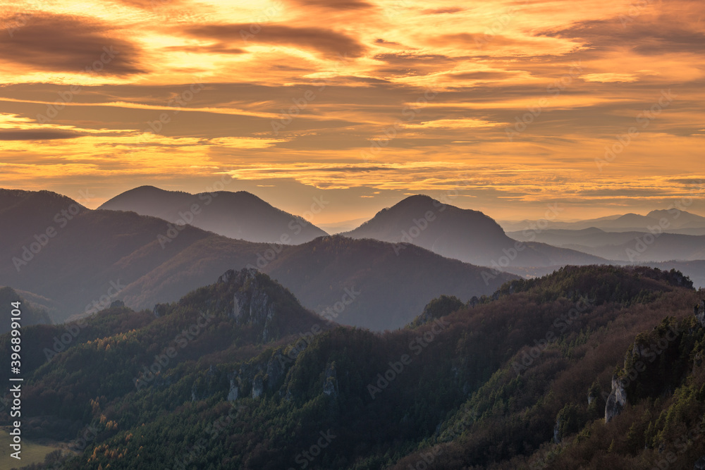 Beautiful mountainous country in autumn at sunset. National Nature Reserve Sulov Rocks, Slovakia, Europe.