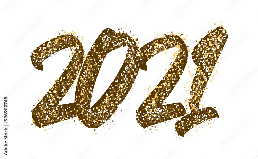 2021 Happy New Year Lettering. Text golden with bright sparkles. Handwritten text lettering in paint and color gold. Festive design template, greeting card, poster, banner. Vector Illustration 2021 Happy New Year Lettering. Text golden with bright sparkles. Handwritten text lettering in paint and color gold. Festive design template, greeting card, poster, banner. Vector Illustration