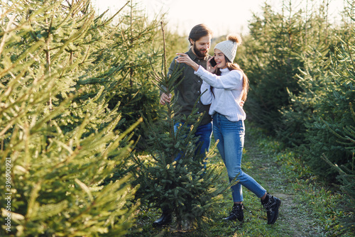 Good-looking contented young couple enjoy their fir tree selected at forestry during preparation for holidays. © gorynvd