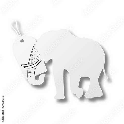 Vector illustration black line hand drawn of ivory on elephant and price tag shape cut paper with shadow isolated on white background. Paper art.