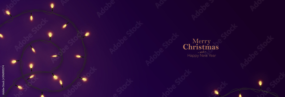 Obraz premium Merry Christmas and Happy New Year dark template. Xmas design realistic gifts box with gold ribbon, festive lights and decorative objects. Christmas poster, holiday banner, flyer, greeting card