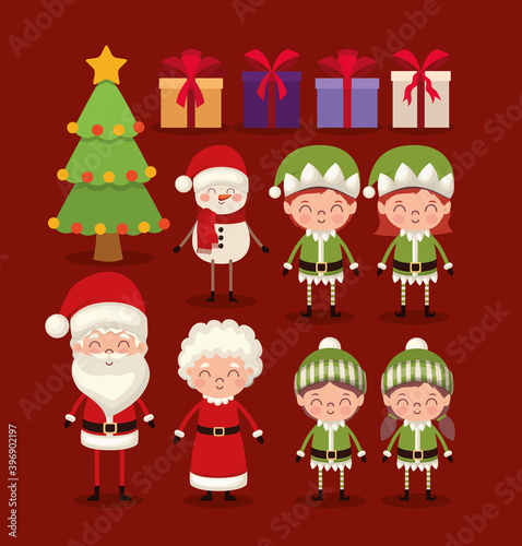 set of christmas characters on red background