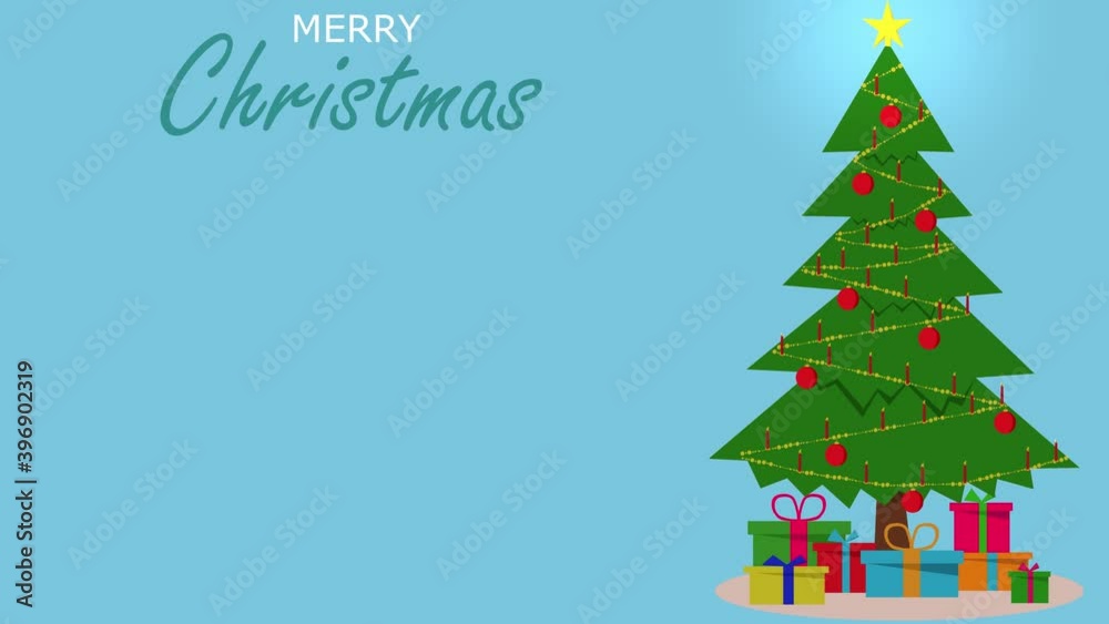 Animated christmas card template with christmas tree and flickering christmas candles on a blue background. Merry Christmas template.