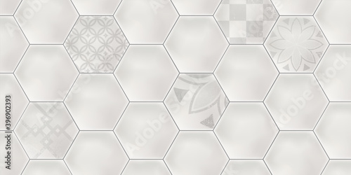 Grey colored hexagon ceramic tiles. Modern seamless pattern, hexagon ceramic tiles with damaged geometric texture. 