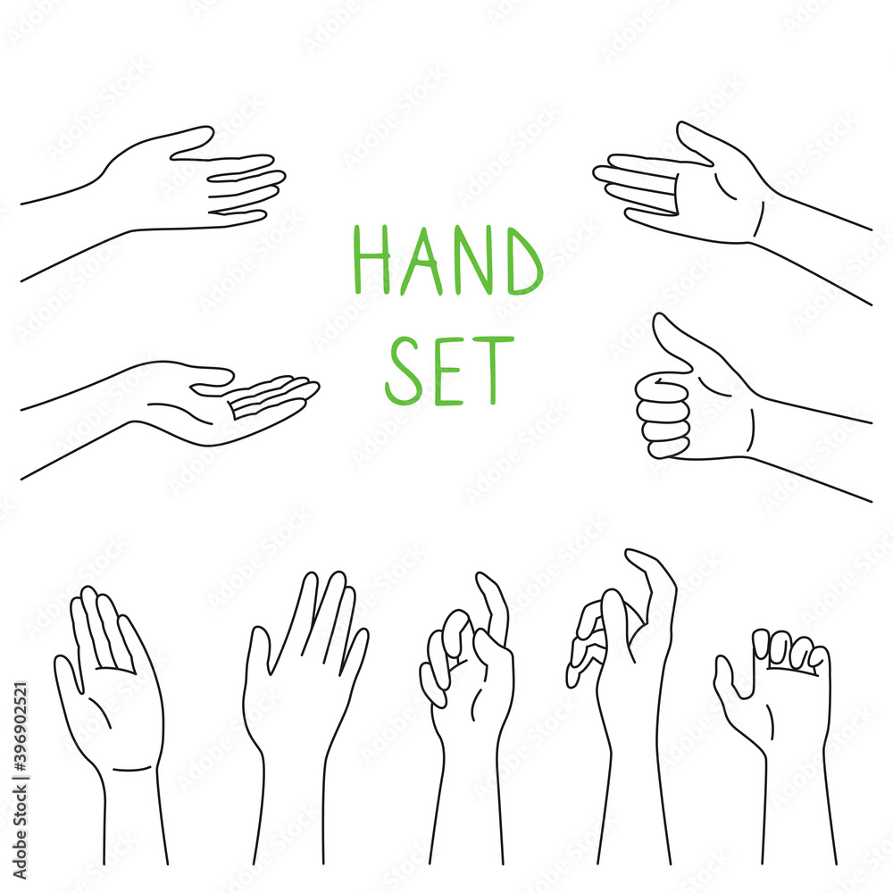 Fototapeta premium Hand line cartoon style set. Various gestures of human hands, different situations. Signs and emotions, representing, interactive communication. For infographic, web, internet, presentation. Vector