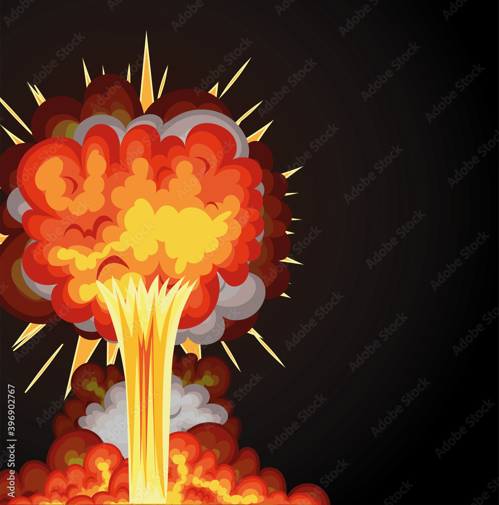 blast with fire clouds of orange color on a black background