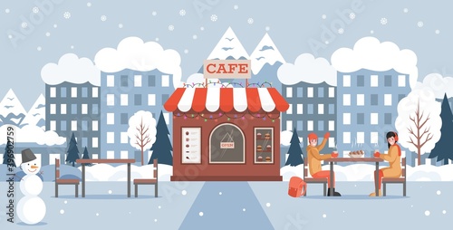Happy winter holidays vector flat concept. Smiling man and woman in warm clothes sitting in outdoor cafe at winter park, drinking hot coffee or mulled wine. Christmas holidays illustration.