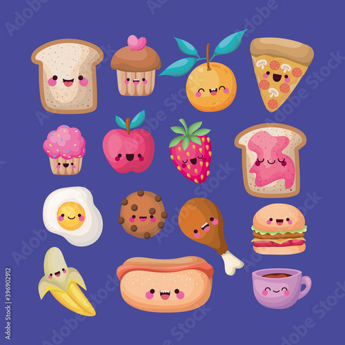 sets of all kinds kawaii foods icons on a blue background
