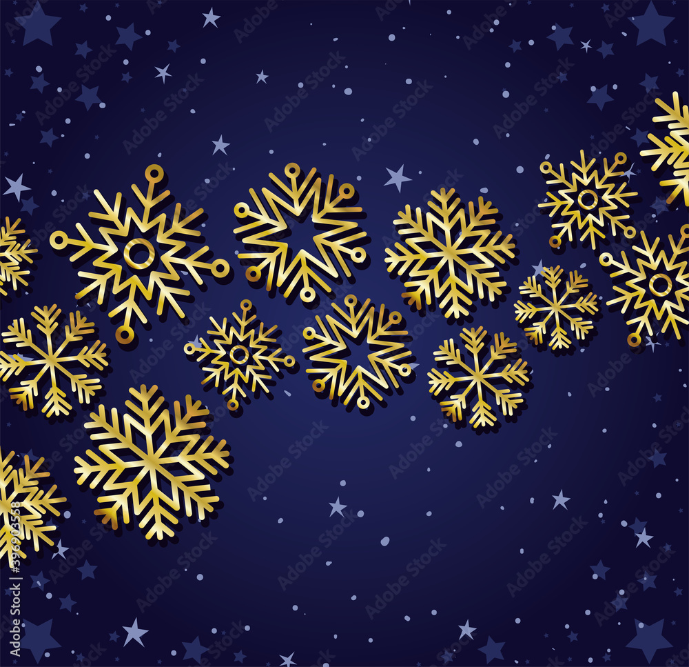 set of gold snowflakes on dark blue background set of gold snowflakes on dark blue background