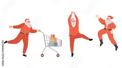 Santa Claus doing shopping and joying vector flat illustration. Santa with shopping cart  dancing Santa and running Claus. Set of three Santa Claus characters isolated on white background.