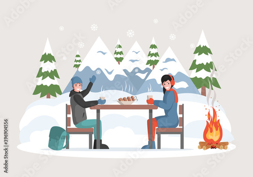 Happy winter holidays vector flat concept. Smiling man and woman in warm clothes sitting outdoor near campfire, eating barbecue, drinking hot coffee or mulled wine. Winter camping illustration.