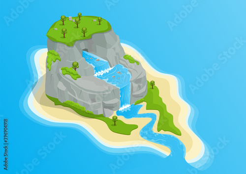 Isometric island with waterfall, rock mount, and trees
