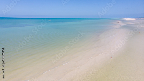 Beautiful top view of a paradise white sand beach. Holbox island aerial view. Tropical island top view