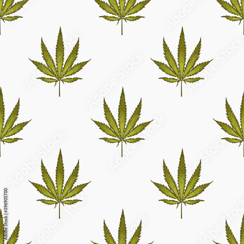 Seamless pattern with leaves of hemp Marijuana leaf. Cannabis plant background. Hand drawn style. Vector