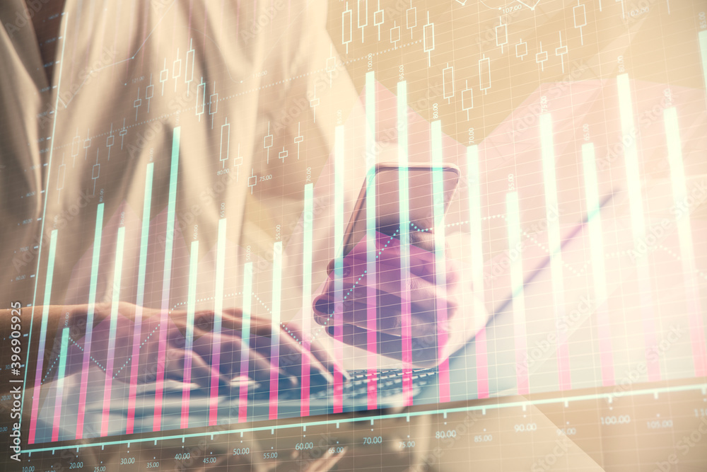 Double exposure of financial graph sketch hologram and woman holding and using a mobile device. Stock exchange concept. Double exposure of financial graph sketch hologram and woman holding and using a mobile device. Stock exchange concept.