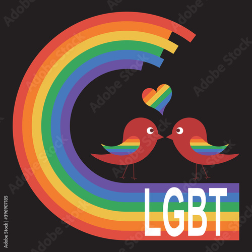 Two cute birds in love kissing on a rainbow with LGBT text. Copy space for design or text. Flat vector illustration
