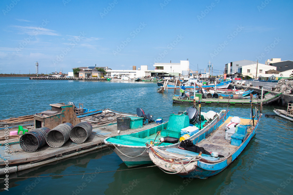 Fishing boats moored in port. Taiwan.	
