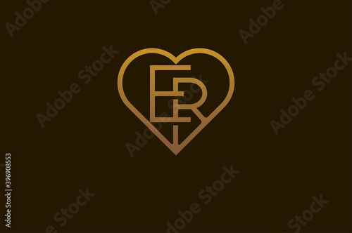 Fotografía Abstract initials E and R logo, gold colour line style heart and letter combinat