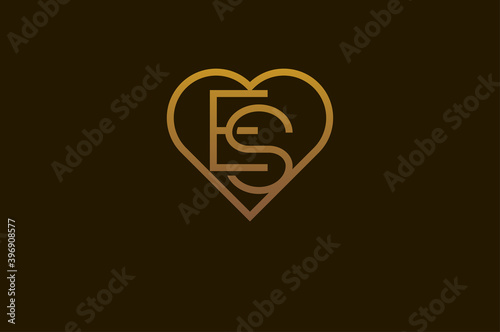 Abstract initials E and S logo, gold colour line style heart and letter combination, usable for brand, card and invitation, logo design template element,vector illustration