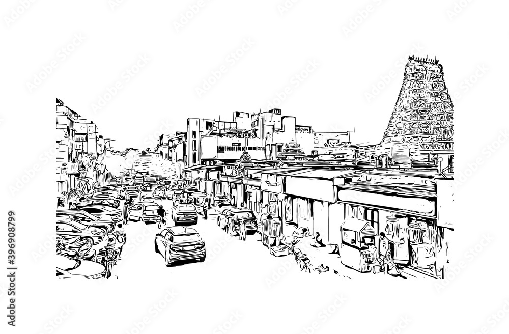 Building view with landmark of Chennai is the capital of the Indian state of Tamil Nadu. Watercolour splash with hand drawn sketch illustration in vector.