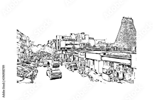 Obraz na płótnie Building view with landmark of Chennai is the capital of the Indian state of Tamil Nadu. Watercolour splash with hand drawn sketch illustration in vector. w salonie