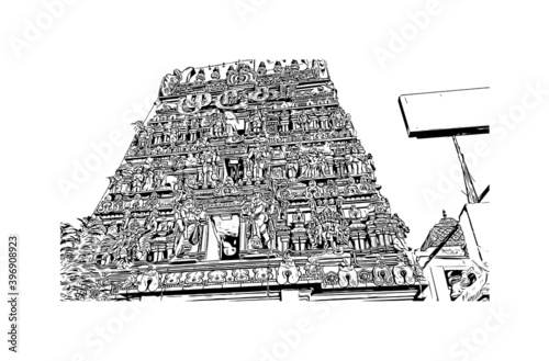 Building view with landmark of Chennai is the capital of the Indian state of Tamil Nadu. Watercolour splash with hand drawn sketch illustration in vector.