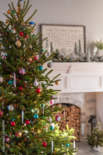 Live Christmas tree with vintage ornaments