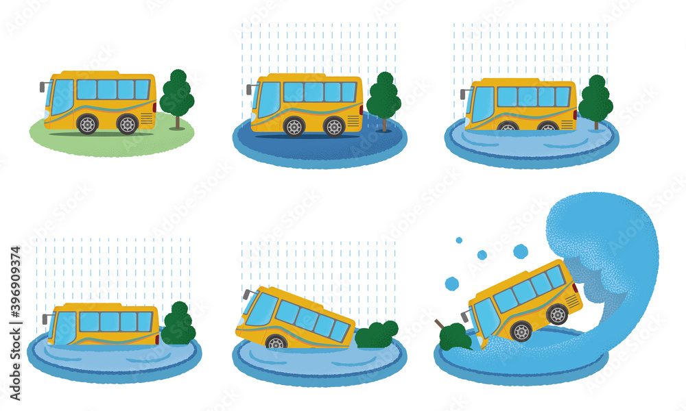浸水の被害に遭う黄色い観光バスのベクターイラストセット Stock Vector | Adobe Stock
