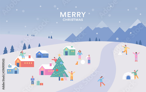 Snowy small village scenery. The children are playing a snowball fight. flat design style minimal vector illustration.