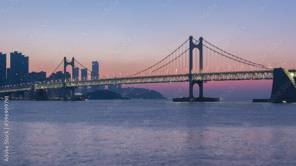 Sunrise of Gwangan Bridge and Haeundae at Busan City, South Korea.zoom out Sunrise of Gwangan Bridge and Haeundae at Busan City, South Korea.zoom out